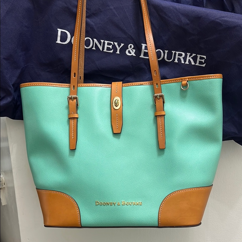 Dooney & Bourke Mint Green and Tan Leather Trim Tote
